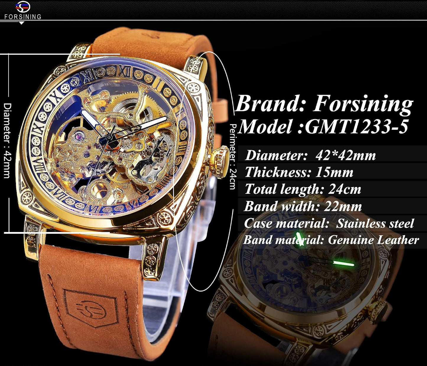 HOTFORSINING Watches for Man, Square Retro Mechanical Watch Self-Wind Carved, Skeleton Automatic Watches Vintage Leather Strap Wristwatch