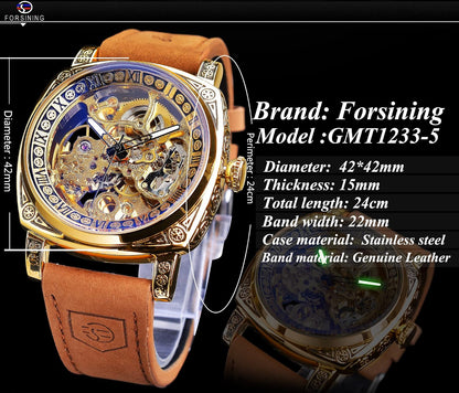 HOTFORSINING Watches for Man, Square Retro Mechanical Watch Self-Wind Carved, Skeleton Automatic Watches Vintage Leather Strap Wristwatch