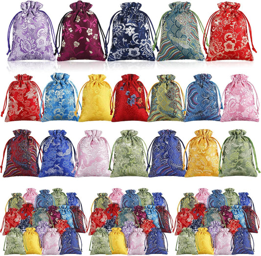 HOTSilTriangle 60 Pcs Chinese Silk Jewelry Pouch Bag Drawstring Coin Purse Embroidered Small Purse Organizer Gift Pouch Colors Value Set