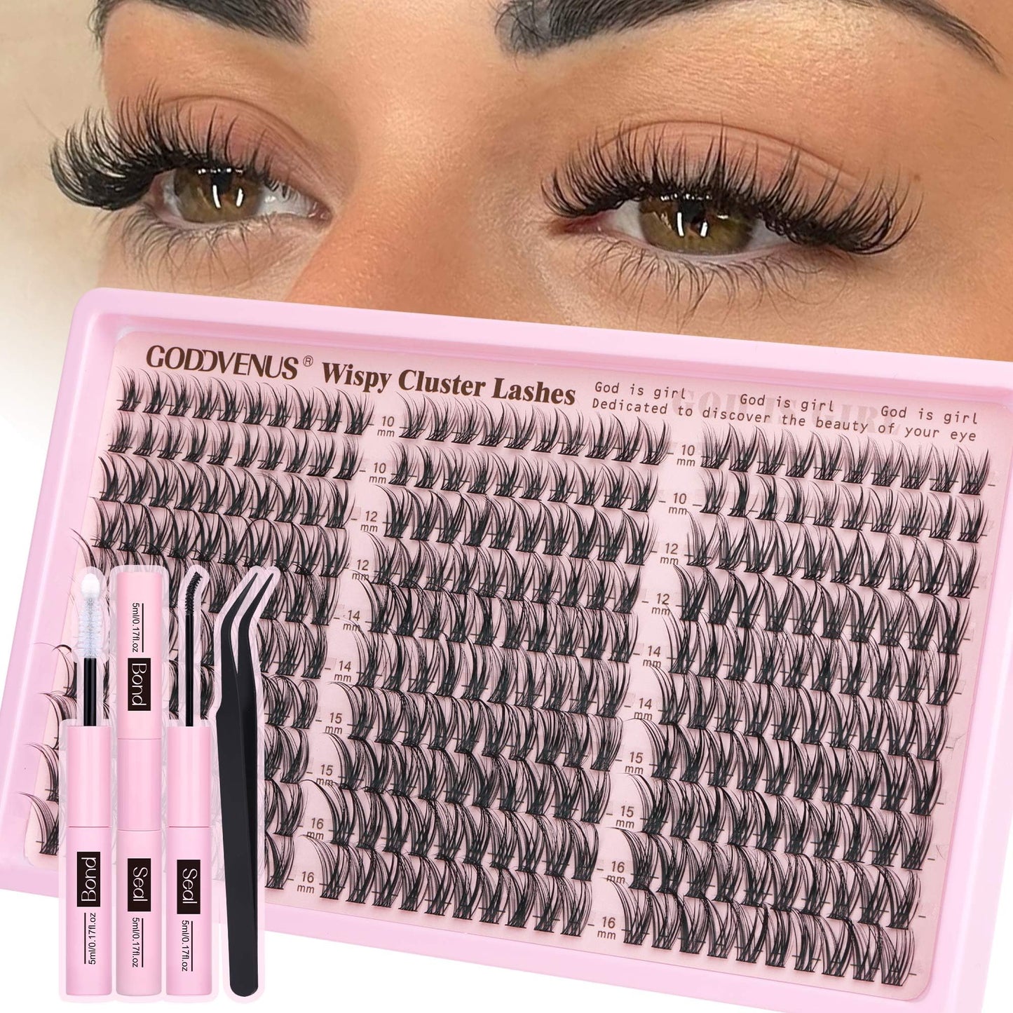 HOTGoddvenus Lash Clusters Kit Wispy Eyelash Clusters Lashes Natural DIY Lash Extension Kit 10-16mm Cluster Eyelash Extensions Kit 300pcs C Curl Individual Lashes Cluster Eyelash (No Tweezers)