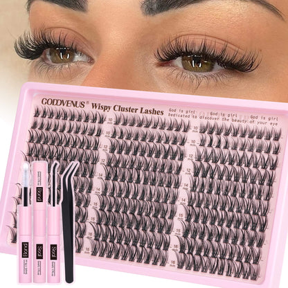 HOTGoddvenus Lash Clusters Kit Wispy Eyelash Clusters Lashes Natural DIY Lash Extension Kit 10-16mm Cluster Eyelash Extensions Kit 300pcs C Curl Individual Lashes Cluster Eyelash (No Tweezers)