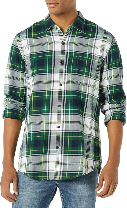 HOTAmazon Essentials Men's Regular Fit Long-Sleeve Flannel Shirt, Soft Brushed Cotton, Lightweight yet Warm