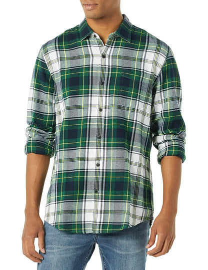 HOTAmazon Essentials Men's Regular Fit Long-Sleeve Flannel Shirt, Soft Brushed Cotton, Lightweight yet Warm