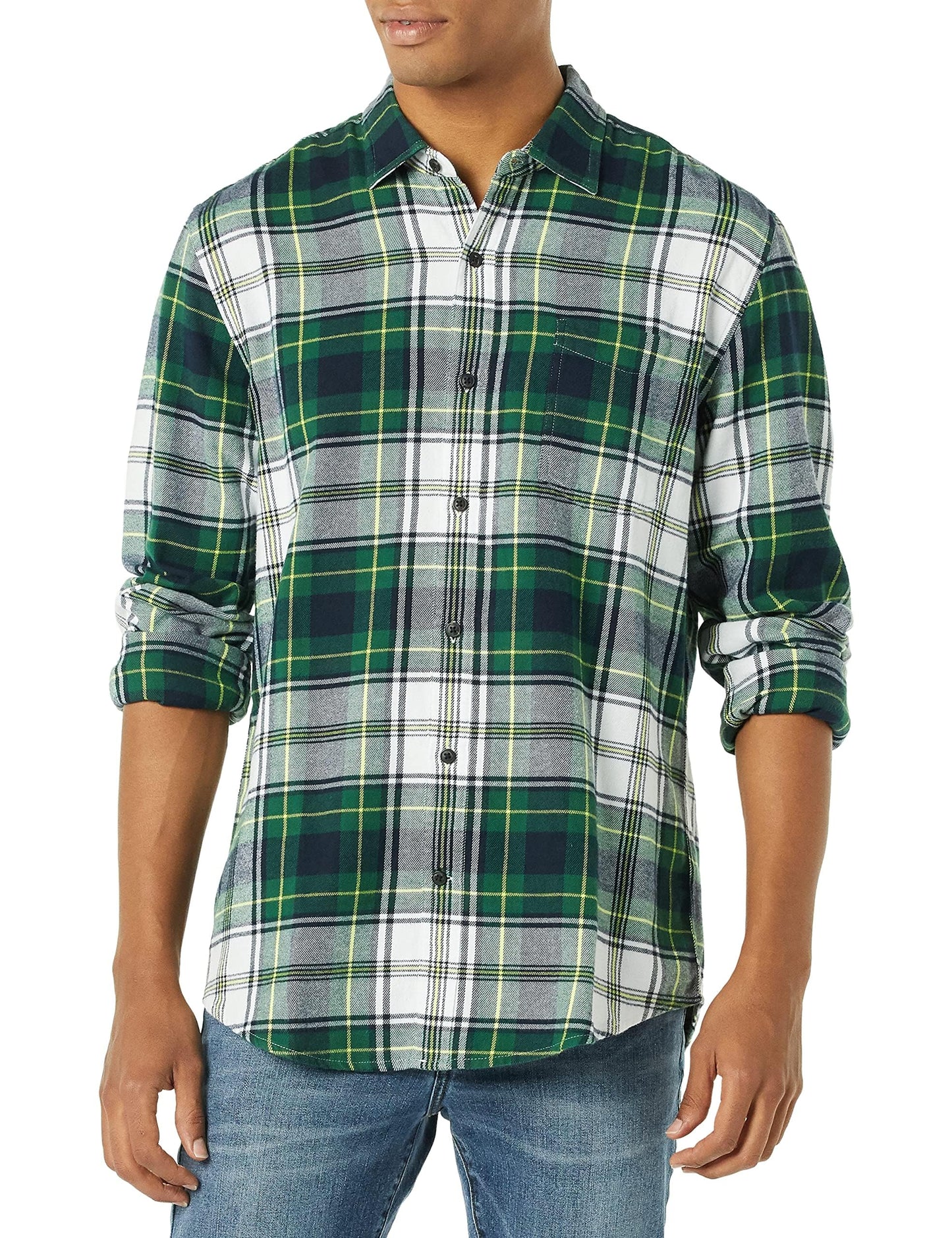 HOTAmazon Essentials Men's Regular Fit Long-Sleeve Flannel Shirt, Soft Brushed Cotton, Lightweight yet Warm