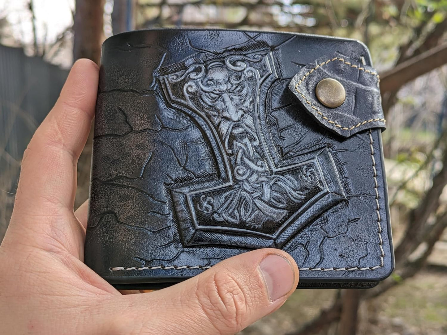 HOTCeltic Style, Mjolnir, Thor Hammer, Crow, Raven, Odin, Norse Knots, Viking, Men's 3D Genuine Leather Wallet, Handmade wallet, Carved wallet, Tooled wallet, Bifold wallet, Custom Personalized wallet