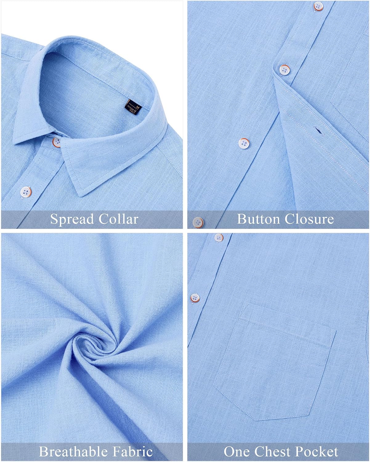 HOTJ.VER Men's Linen Shirts Casual Button Down Long Sleeve Shirt Solid Spread Collar Summer Beach Shirts with Pocket