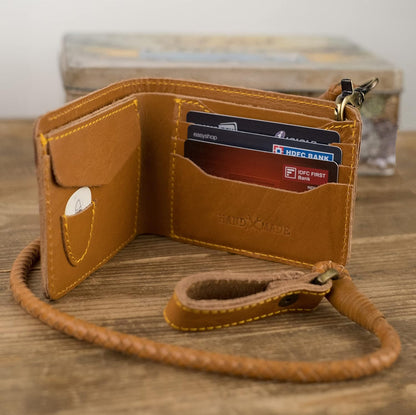 HOTTrip Machine Company Bifold Leather Biker Wallet with Braided Chain – Genuine Leather Motorcycle Wallet, Vintage Wallet with Coin Pocket, Card Slots & Detachable Chain - Vintage Tan Trigger