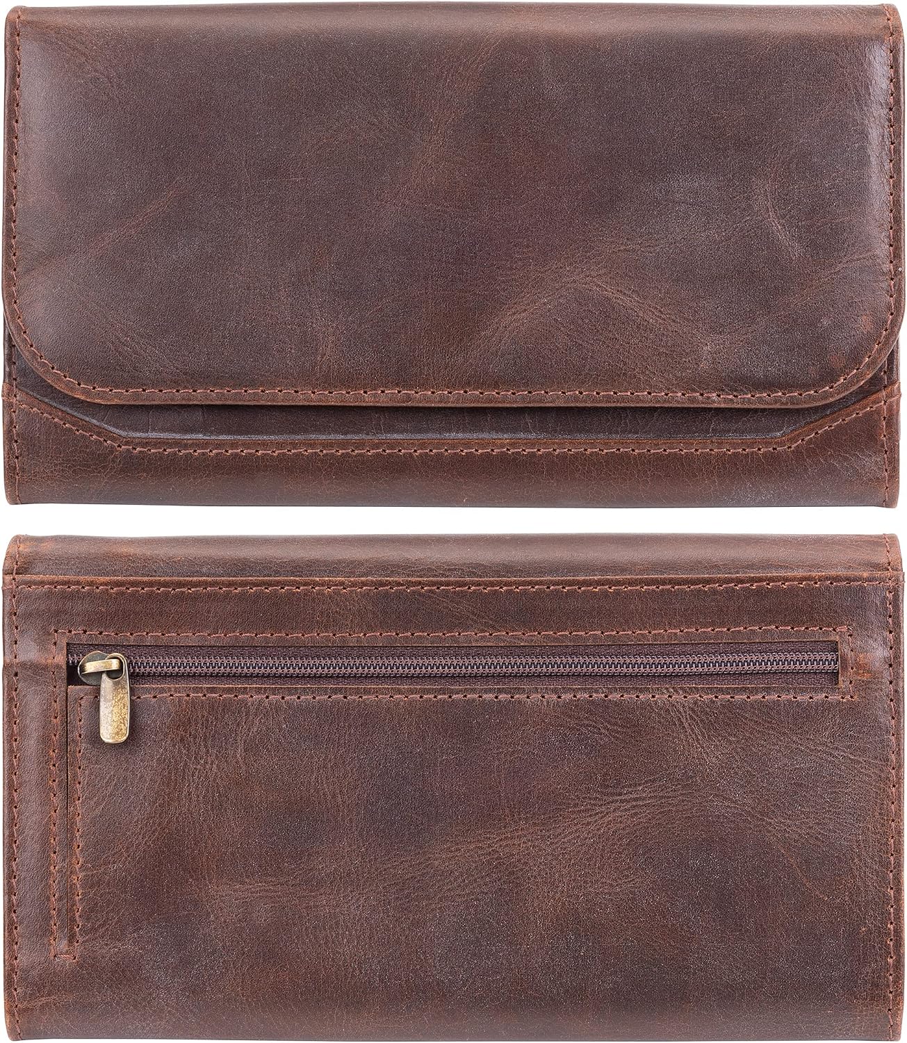 HOTmoonster Leather Wallet for Women – Full-Grain Buffalo Leather RFID Wallet, 9 Card Slots, 2 Zips, 3 Open Pockets – Womens Leather Wallets, Card Wallet for Women, Zip Around Wallet, Gift Box Set
