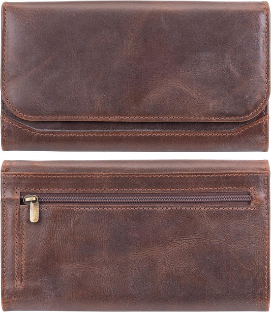 HOTmoonster Leather Wallet for Women – Full-Grain Buffalo Leather RFID Wallet, 9 Card Slots, 2 Zips, 3 Open Pockets – Womens Leather Wallets, Card Wallet for Women, Zip Around Wallet, Gift Box Set