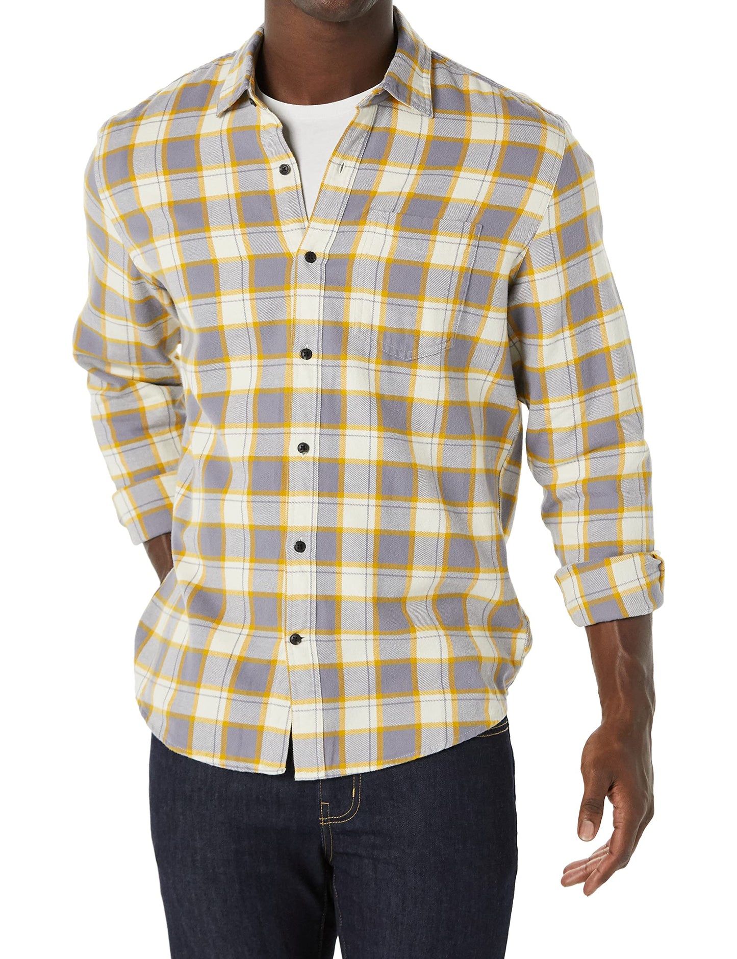 HOTAmazon Essentials Men's Regular Fit Long-Sleeve Flannel Shirt, Soft Brushed Cotton, Lightweight yet Warm