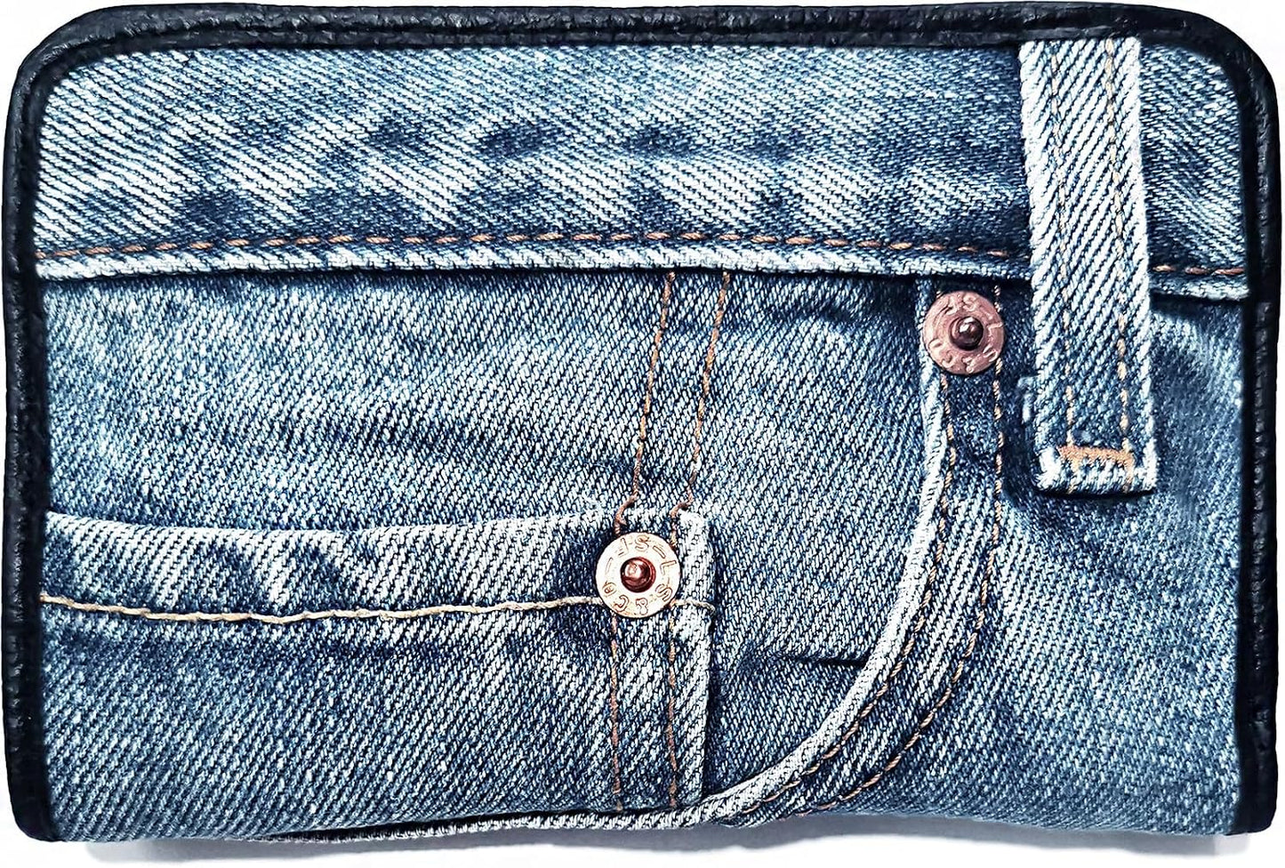 HOTUpcycling Blue Denim Bifold Money Zip Coin Card Holder Organizer Compact Wallet for Women