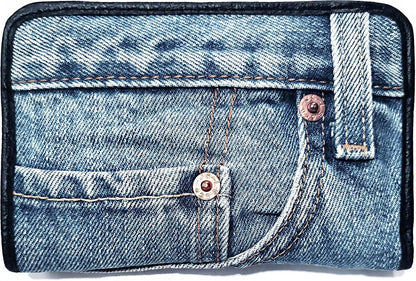 HOTUpcycling Blue Denim Bifold Money Zip Coin Card Holder Organizer Compact Wallet for Women