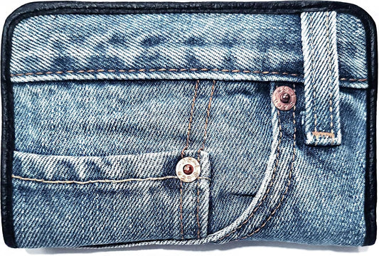 HOTUpcycling Blue Denim Bifold Money Zip Coin Card Holder Organizer Compact Wallet for Women