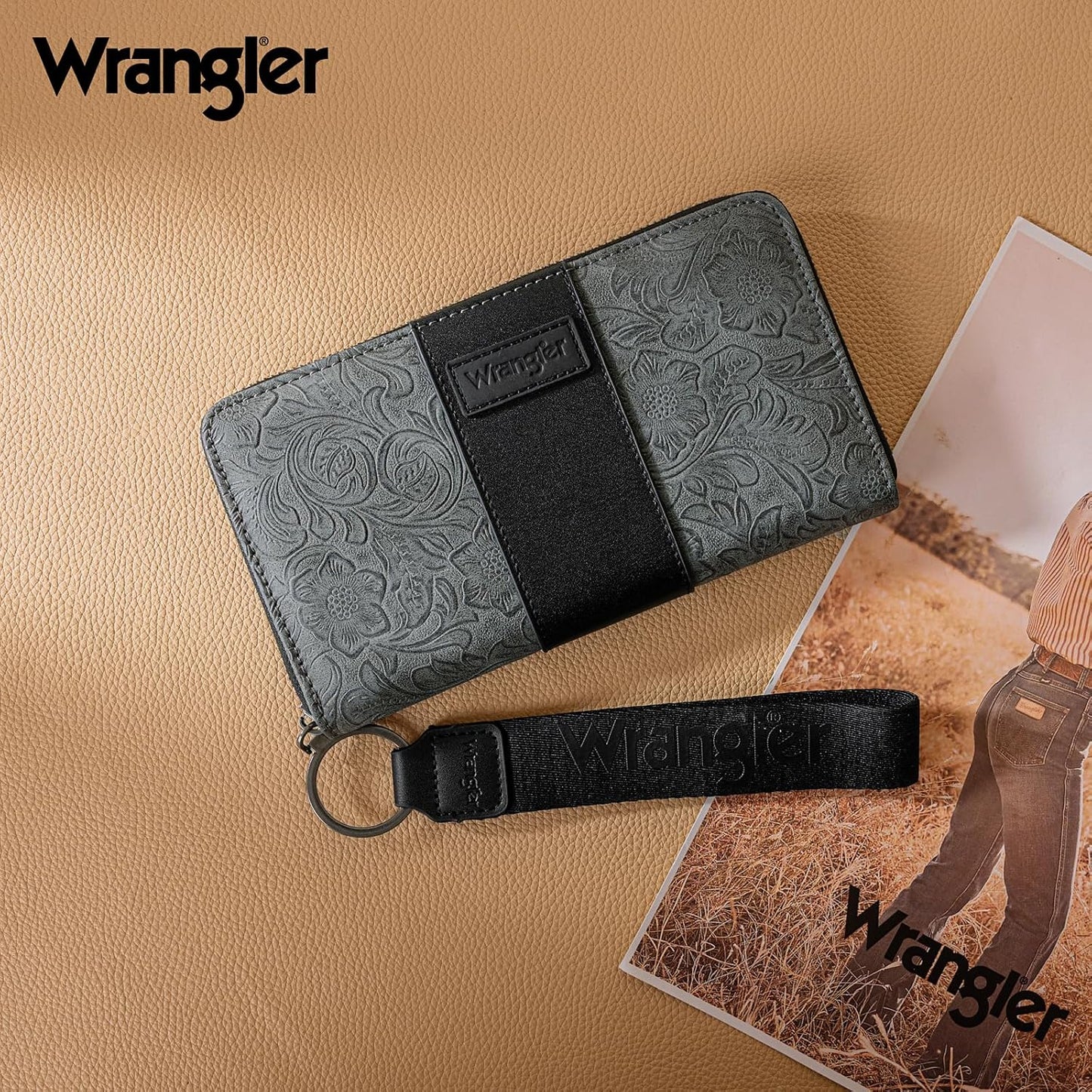 HOTMontana West Wrangler Black Wallet for Women Tooled Floral Zip Around Clutch Wallet RFID Blocking Keychain Credit Card Holder