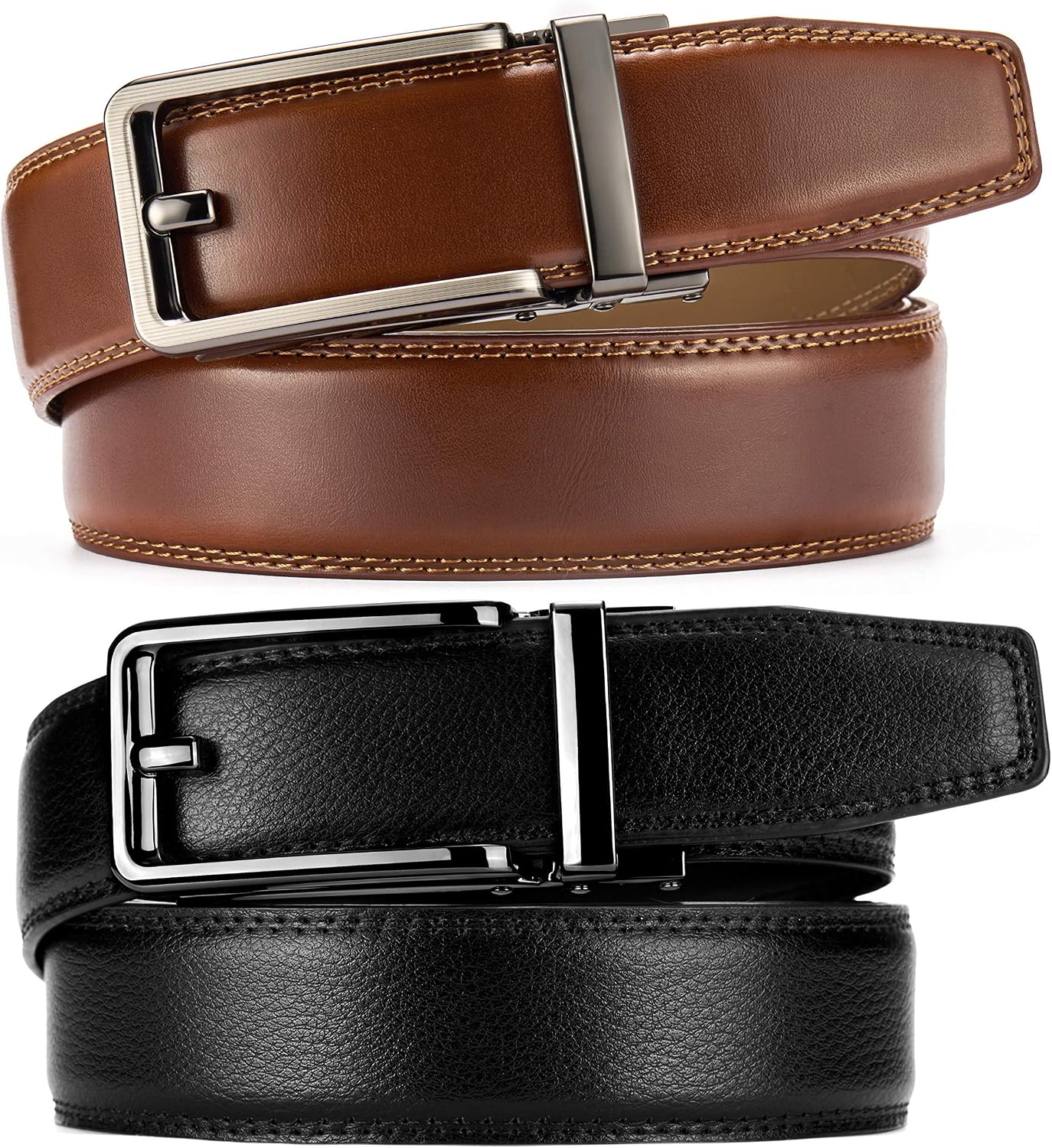 HOTCHAOREN Click Belts for Men 2 Pack - Mens Ratchet Leather Belt 1 3/8" for Dress and Casual - Micro Adjustable Belt Fit