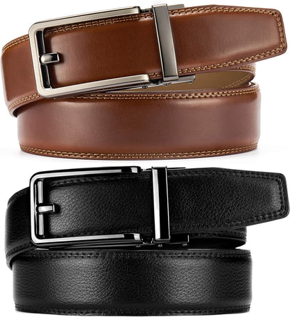 HOTCHAOREN Click Belts for Men 2 Pack - Mens Ratchet Leather Belt 1 3/8" for Dress and Casual - Micro Adjustable Belt Fit