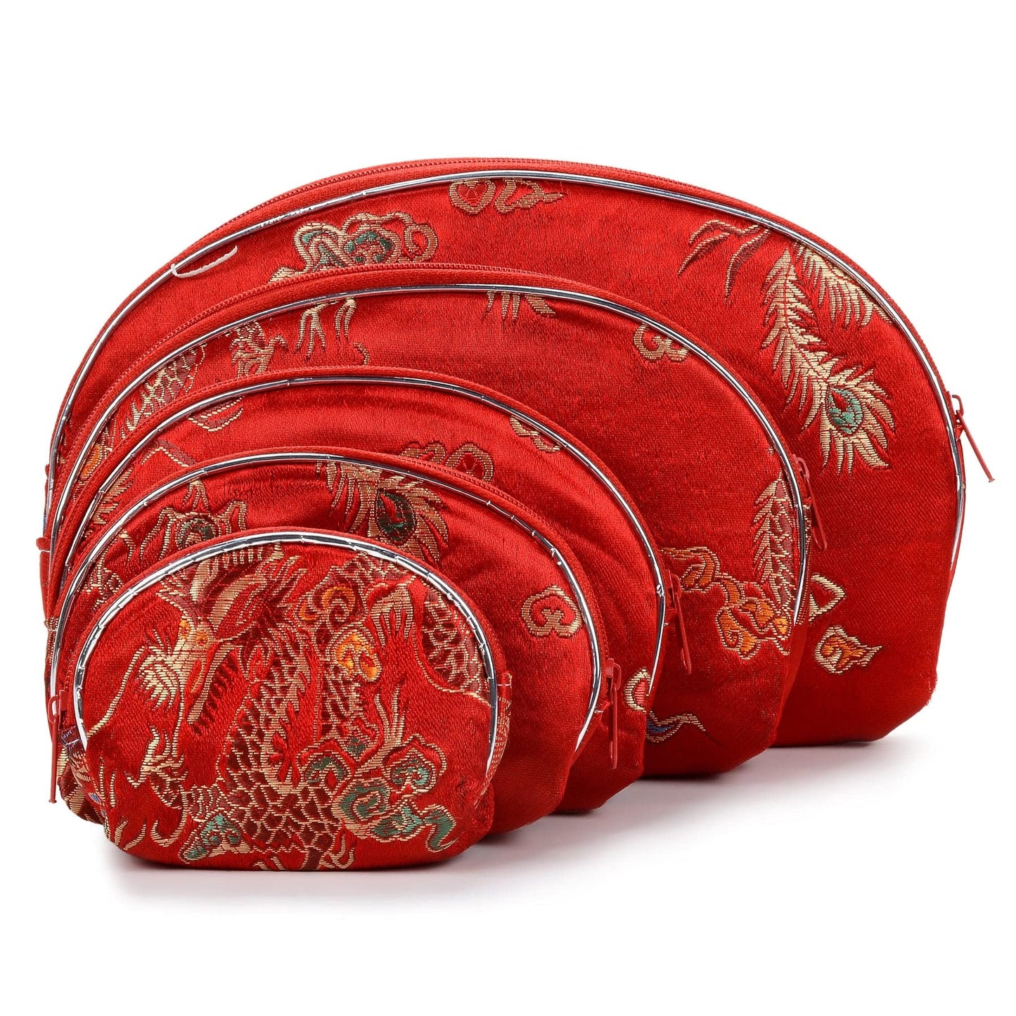 HOTKALIFANO 5pcs Purple Flower Jewelry & Coin Silk Pouch Brocade Embroidered Gift Bag/Purse - Oriental Chinese Style Travel Wallet with Zipper (Family Owned and Operated)