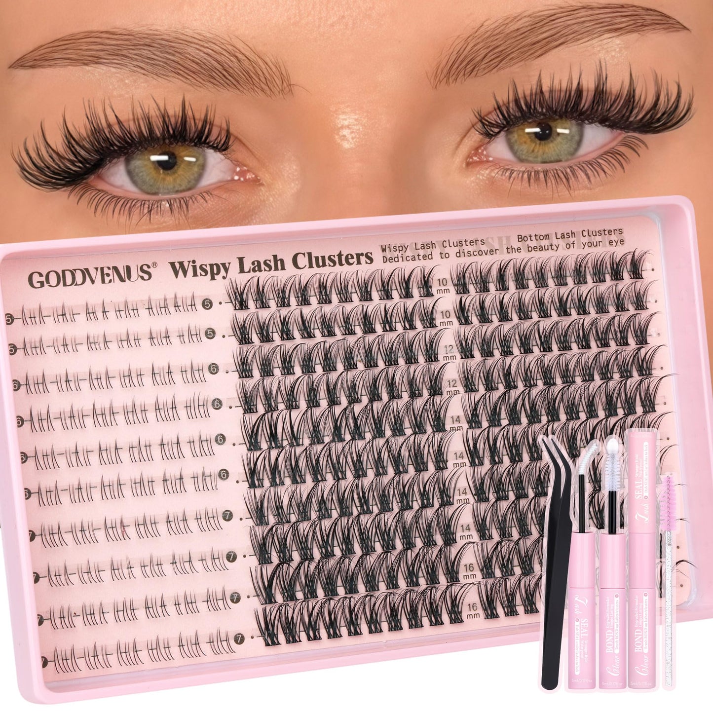 HOTGoddvenus Lash Clusters Kit Wispy Eyelash Clusters Lashes Natural DIY Lash Extension Kit 10-16mm Cluster Eyelash Extensions Kit 300pcs C Curl Individual Lashes Cluster Eyelash (No Tweezers)