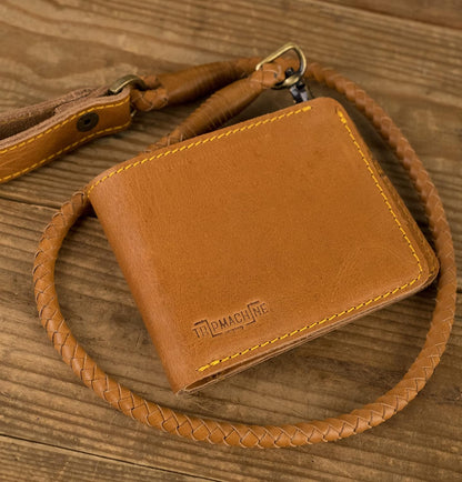 HOTTrip Machine Company Bifold Leather Biker Wallet with Braided Chain – Genuine Leather Motorcycle Wallet, Vintage Wallet with Coin Pocket, Card Slots & Detachable Chain - Vintage Tan Trigger