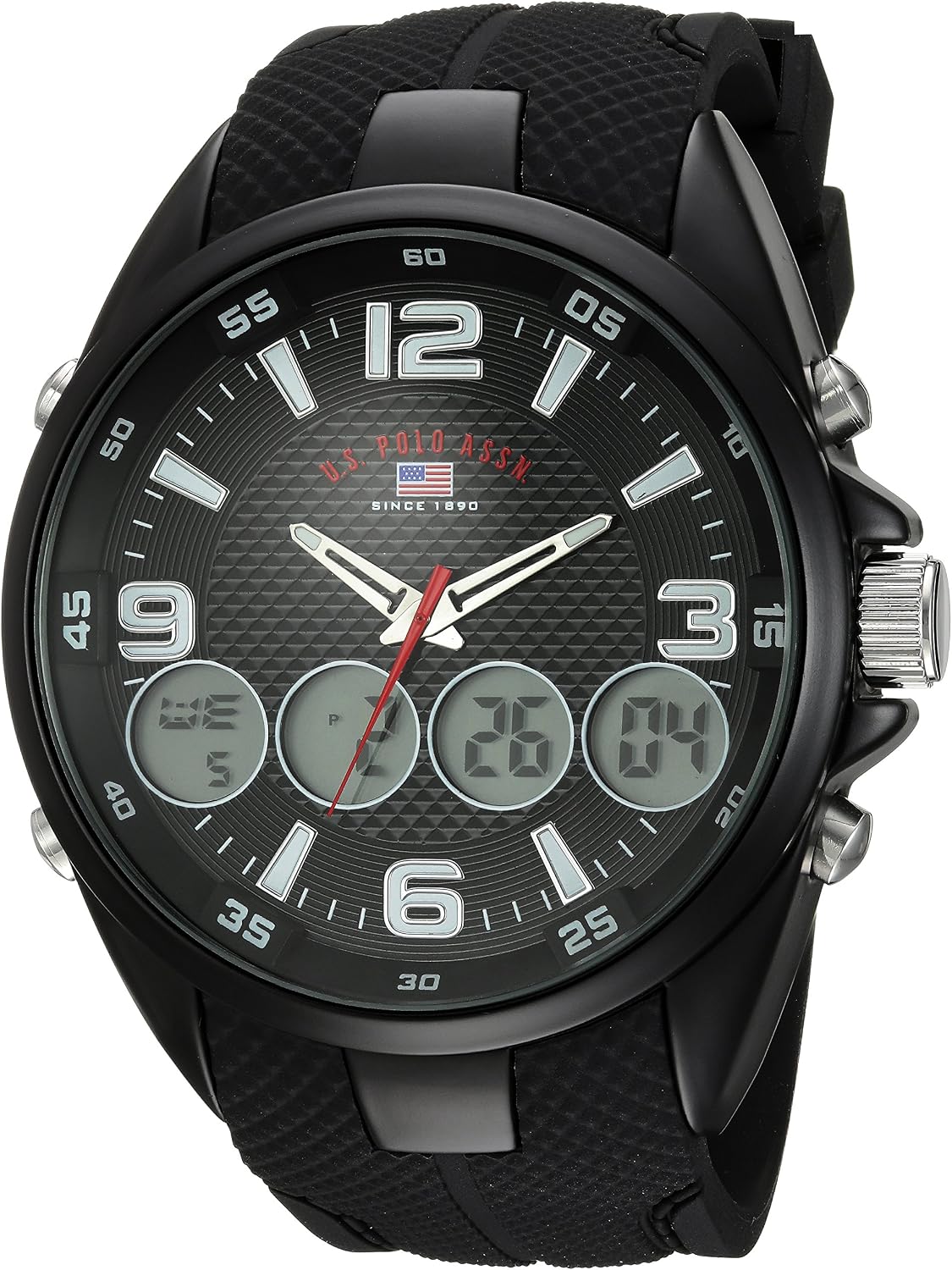HOTU.S. Polo Assn. Men's Ana-Digital Sport Watch – Black Dial with Multiple Digital Windows, Textured Strap, Stopwatch & Alarm Functions – 46mm Case – Fits Wrists 5.5" to 8"