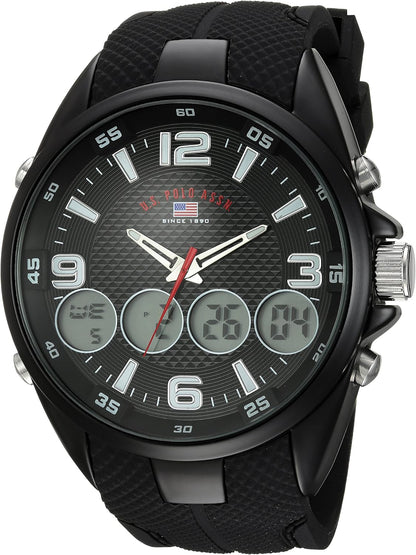 HOTU.S. Polo Assn. Men's Ana-Digital Sport Watch – Black Dial with Multiple Digital Windows, Textured Strap, Stopwatch & Alarm Functions – 46mm Case – Fits Wrists 5.5" to 8"