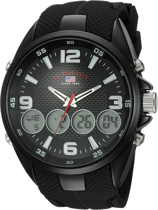 HOTU.S. Polo Assn. Men's Ana-Digital Sport Watch – Black Dial with Multiple Digital Windows, Textured Strap, Stopwatch & Alarm Functions – 46mm Case – Fits Wrists 5.5" to 8"