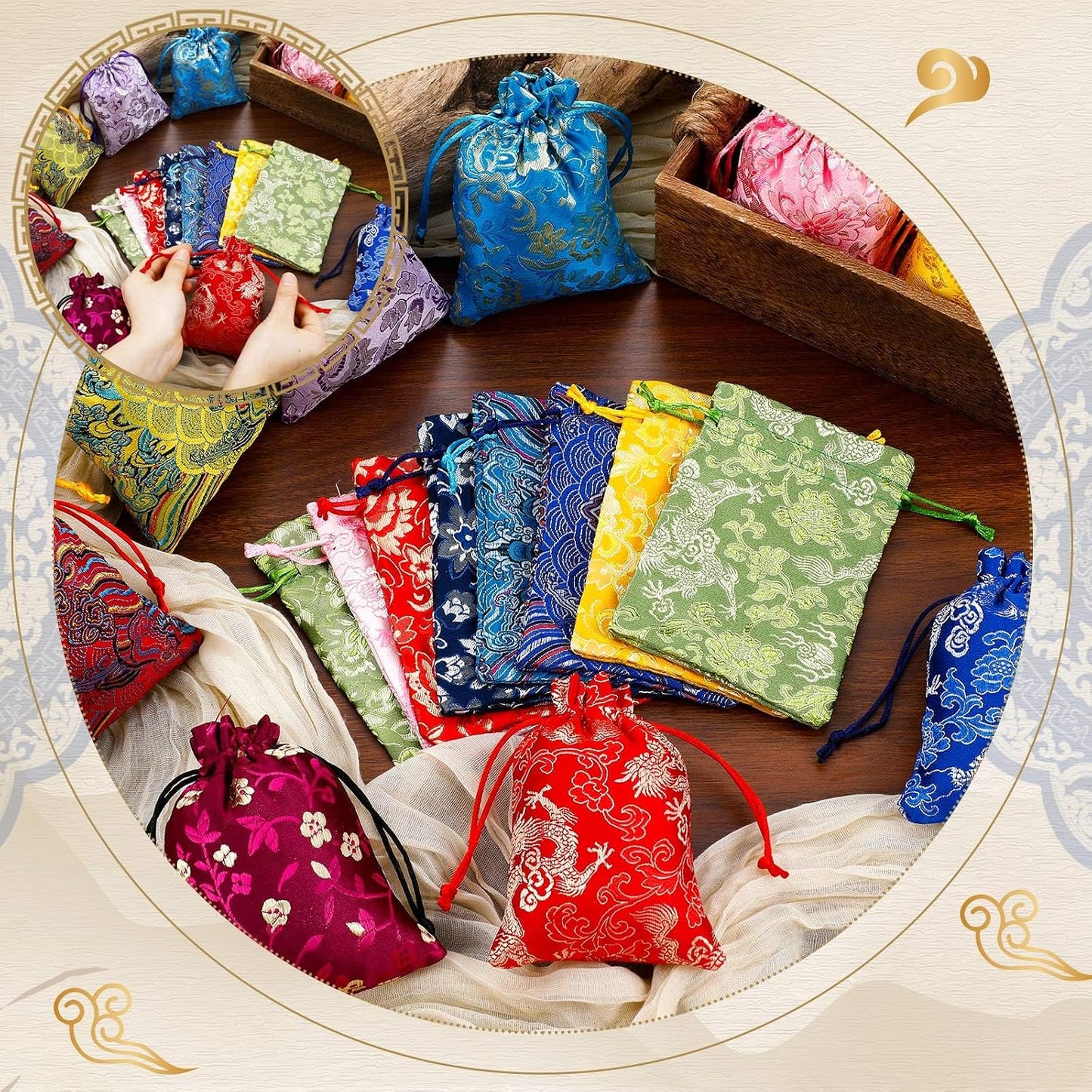 HOTSilTriangle 60 Pcs Chinese Silk Jewelry Pouch Bag Drawstring Coin Purse Embroidered Small Purse Organizer Gift Pouch Colors Value Set