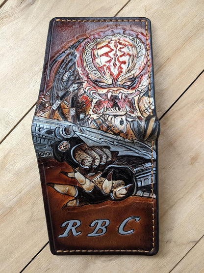 HOTMen's 3D Genuine Leather Wallet, Hand-Carved, Hand-Painted, Leather Carving, Custom wallet, Personalized wallet, Alien