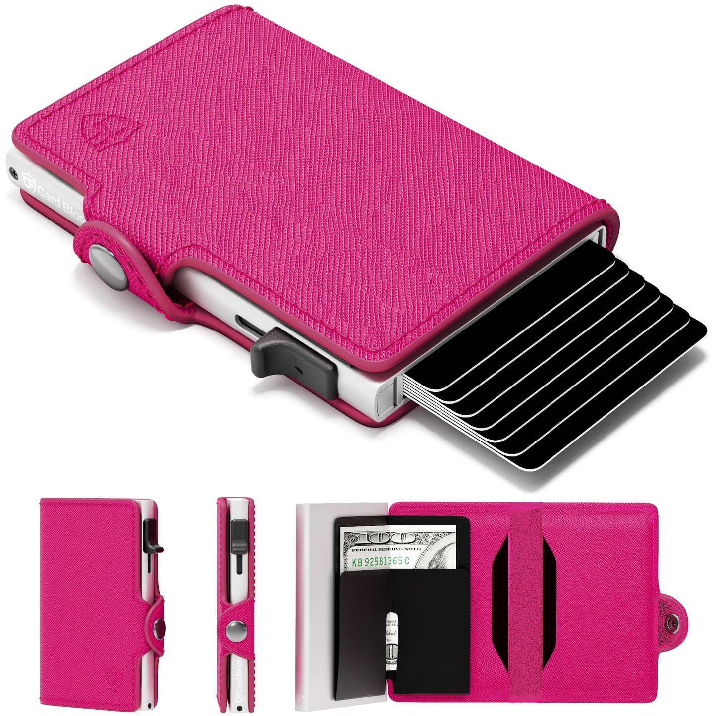 HOTConceal Plus RFID Wallet Women - Light Pink Saffiano Credit Card Holder | Slim Aluminum Women's Wallet Blocks Scanning at 13.56MHz, Holds 4-6 cards with One-Touch Access, Fits Small Purse or Pocket
