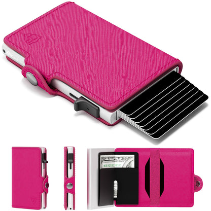 HOTConceal Plus RFID Wallet Women - Light Pink Saffiano Credit Card Holder | Slim Aluminum Women's Wallet Blocks Scanning at 13.56MHz, Holds 4-6 cards with One-Touch Access, Fits Small Purse or Pocket