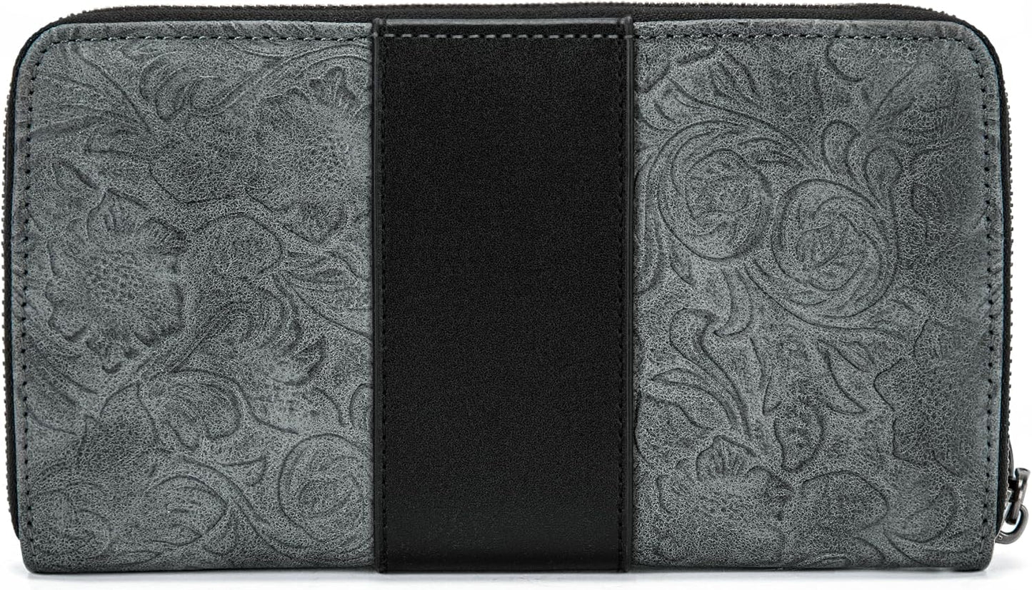 HOTMontana West Wrangler Black Wallet for Women Tooled Floral Zip Around Clutch Wallet RFID Blocking Keychain Credit Card Holder