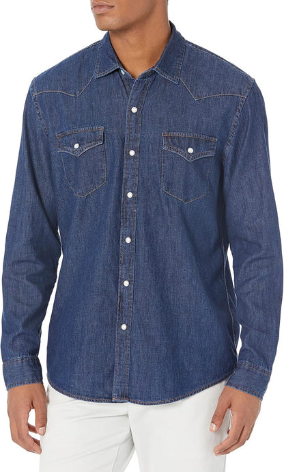 HOTAmazon Essentials Men's Slim-Fit Long-Sleeve Denim Western Style Cotton Shirt with Snap Buttons, Lightweight