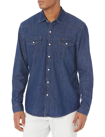 HOTAmazon Essentials Men's Slim-Fit Long-Sleeve Denim Western Style Cotton Shirt with Snap Buttons, Lightweight