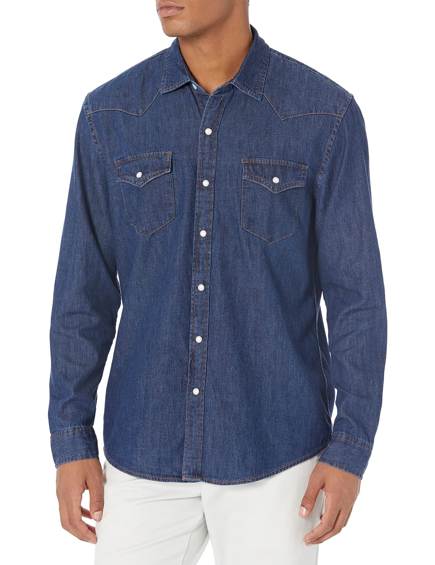 HOTAmazon Essentials Men's Slim-Fit Long-Sleeve Denim Western Style Cotton Shirt with Snap Buttons, Lightweight