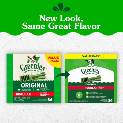 HOTGreenies Regular Dental Dog Treats, Original Chicken Flavor, 36 Count | Clinically-proven, veterinarian-recommended, 47% less tartar & 40% less plaque in 28 days, for dogs 25-50 lbs, 36 oz. Pack