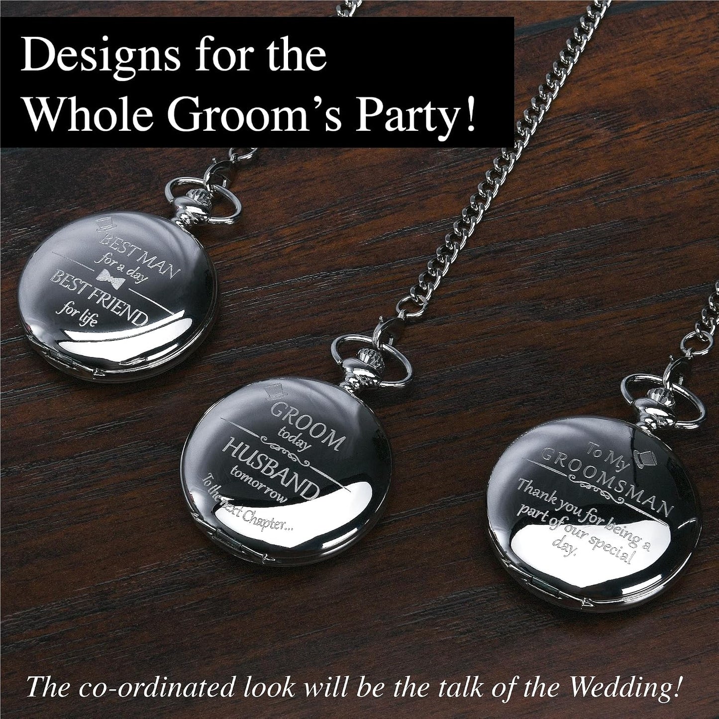 HOTFJ FREDERICK JAMES Wedding Pocket Watches for Groomsman, Best Man, Groom, Father of The Bride & Groom I Silver Engraved I Complete Their Wedding Attire