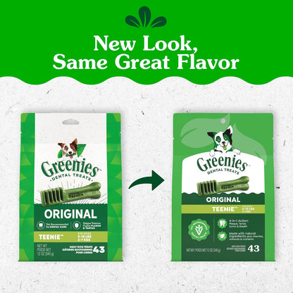 HOTGreenies Teenie Original Natural Dental Dog Treats, Chicken, 43 Count | Clinically-proven, veterinarian-recommended, 47% less tartar & 40% less plaque in 28 days, for dogs 5-15 lbs, 12 oz. Pack