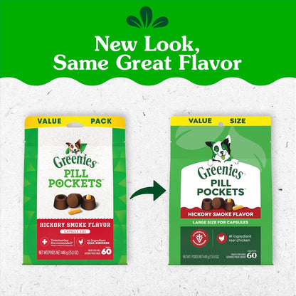 HOTGreenies Pill Pockets Large Size Dog Treats, Hickory Smoke, 15.8 oz | Capsule size, hickory smoke flavor, masks medicine odor, low calorie, stress-free, Dog Treat Pouch for Capsule Medication