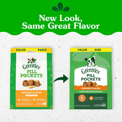 HOTGreenies Pill Pockets Large Size Dog Treats, Chicken, 15.8 oz | Vet-recommended, Capsule size, real chicken flavor, low calorie, stress- and mess-free, natural ingredients, no fillers