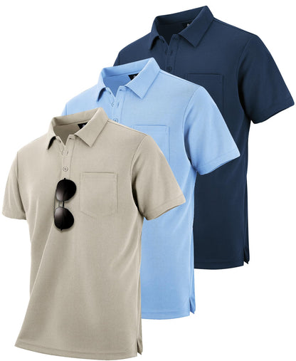 HOTZITY Men's 3 Pack Polo Shirts Short Sleeve with Pocket Moisture Wicking Casual Work Golf Lightweight Collared T-Shirts