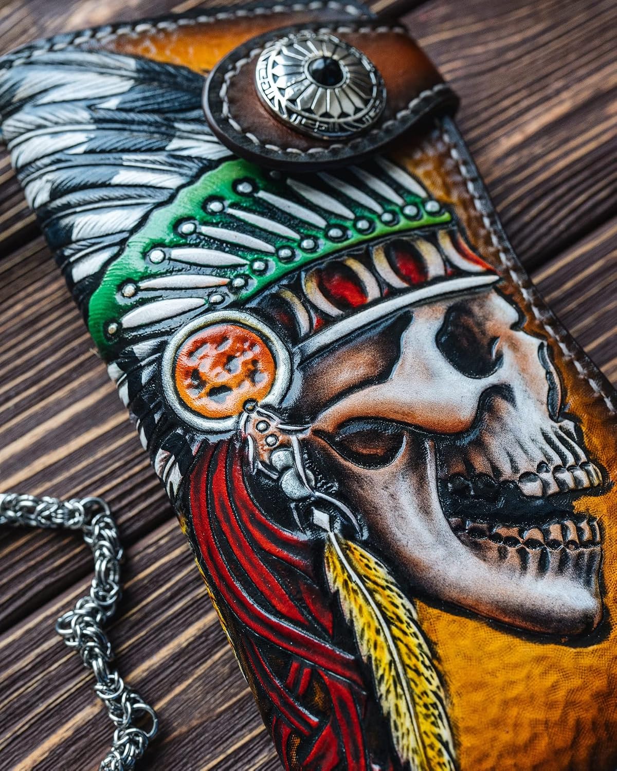 HOTMen's 3D Genuine Leather Wallet, Long wallet, Biker wallet, Hand-Carved, Hand-Painted, Leather Carving, Custom wallet, Personalized wallet, Indian Skull, Skeleton, Red Man, Native American