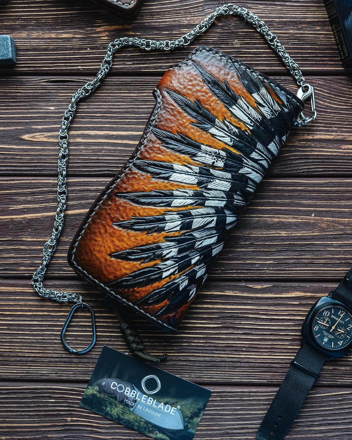 HOTMen's 3D Genuine Leather Wallet, Long wallet, Biker wallet, Hand-Carved, Hand-Painted, Leather Carving, Custom wallet, Personalized wallet, Indian Skull, Skeleton, Red Man, Native American