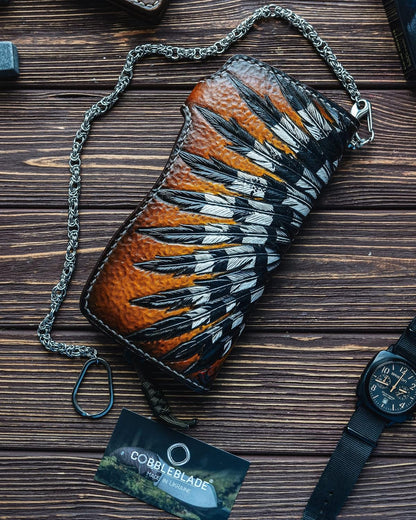 HOTMen's 3D Genuine Leather Wallet, Long wallet, Biker wallet, Hand-Carved, Hand-Painted, Leather Carving, Custom wallet, Personalized wallet, Indian Skull, Skeleton, Red Man, Native American