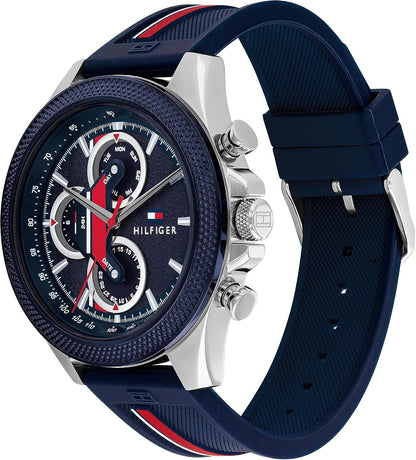 HOTTommy Hilfiger Men's Multifunction Quartz Watch – 46mm Stainless Steel Case, Racing-Inspired Design, 5 ATM Water Resistant, Elegant Modern Timepiece, Gift for Him