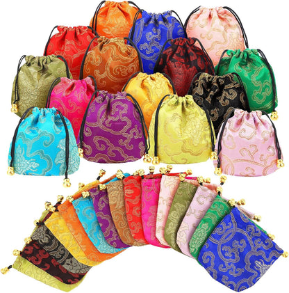 HOTHuquary 60 Pcs Silk Jewelry Pouch Drawstring Gift Bags Bulk 4 x 4 Inches Potli Bags for Return Gifts Indian Diwali Gift Bag Mini Satin Brocade Embroidered Coin Purse for Women Selling Pooja