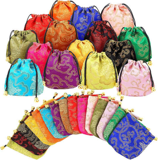 HOTHuquary 60 Pcs Silk Jewelry Pouch Drawstring Gift Bags Bulk 4 x 4 Inches Potli Bags for Return Gifts Indian Diwali Gift Bag Mini Satin Brocade Embroidered Coin Purse for Women Selling Pooja