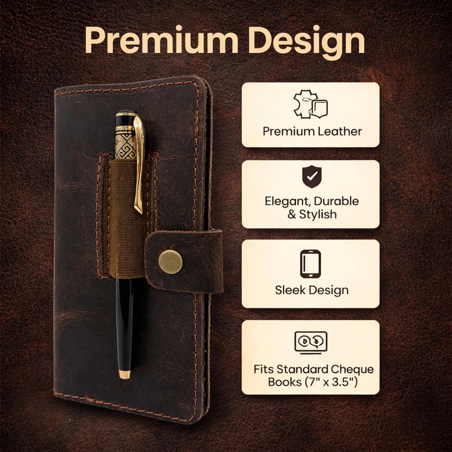 HOTLeather Checkbook Cover with Pen Loop, Full Grain Check Book Holder Wallet for Personal & Duplicate Checks, Slim Money Organizer for Men & Women – Brown