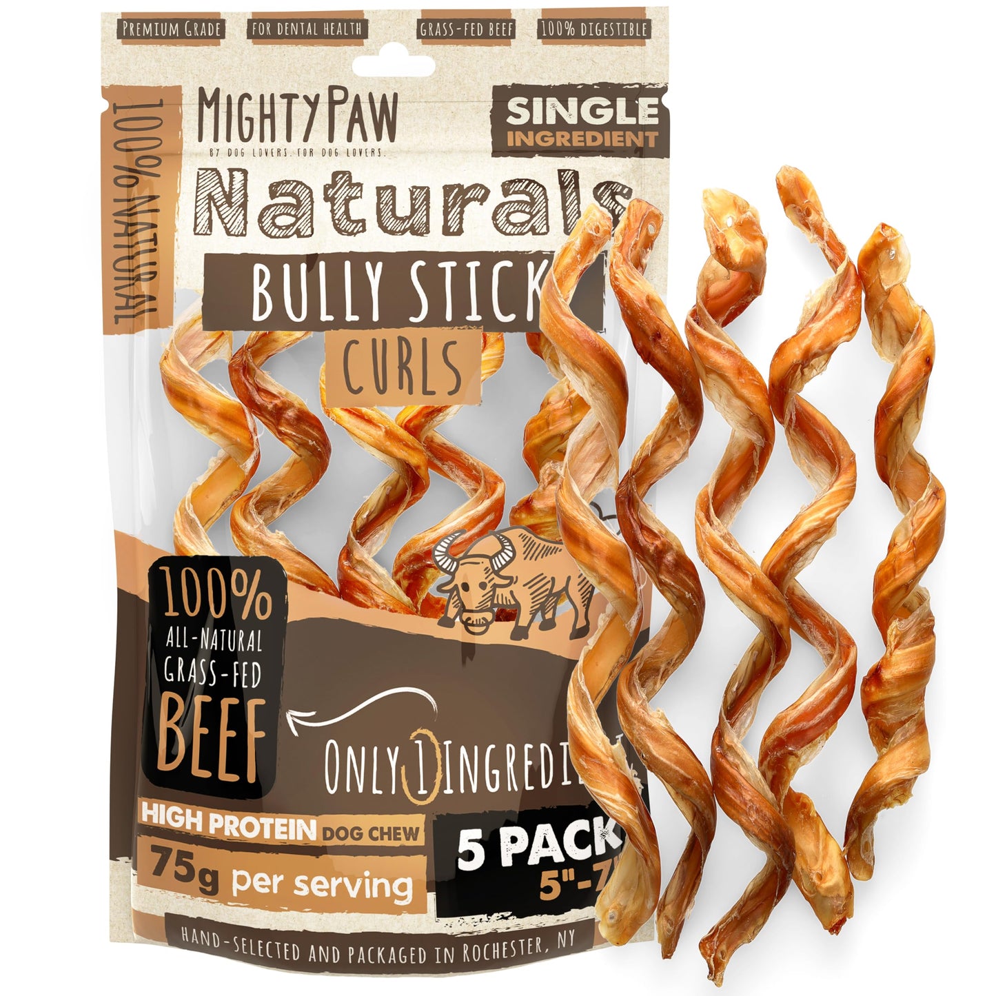 HOTMighty Paw Long Lasting 12" Bully Sticks for Dogs - All Natural Grass Fed Beef Chews. Lower Odor Dog Bully Sticks for Large Dogs, Medium and Small Breeds. Single Ingredient Treats