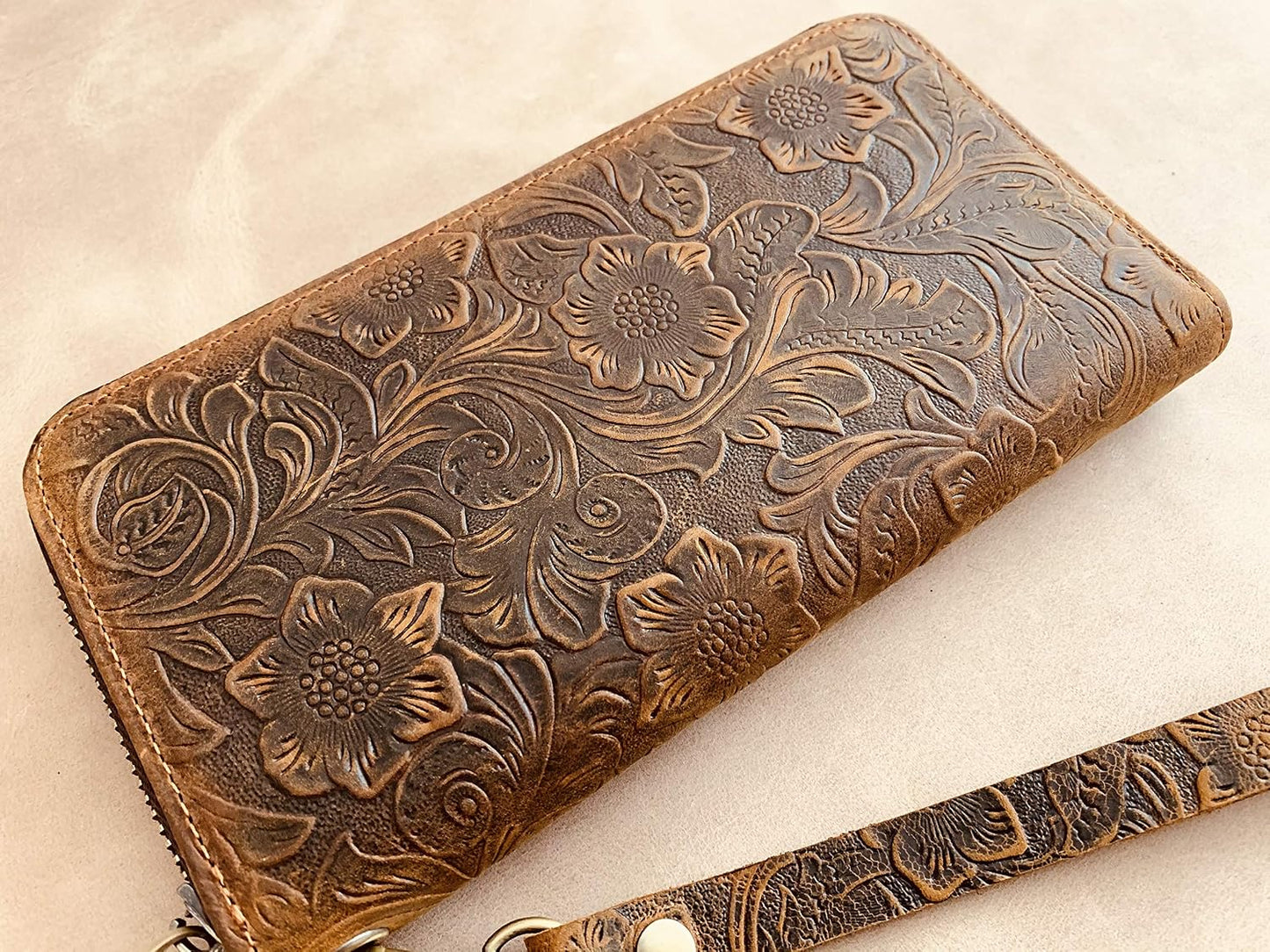 HOTGeneric Women's Long Wallet Organizer, Zipper Wallet, Wristlet Wallet, Brown Floral Top Grain Cowhide Leather Wallet for Women