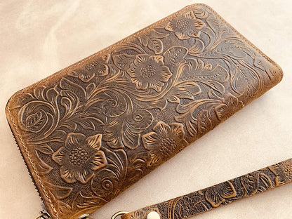 HOTGeneric Women's Long Wallet Organizer, Zipper Wallet, Wristlet Wallet, Brown Floral Top Grain Cowhide Leather Wallet for Women
